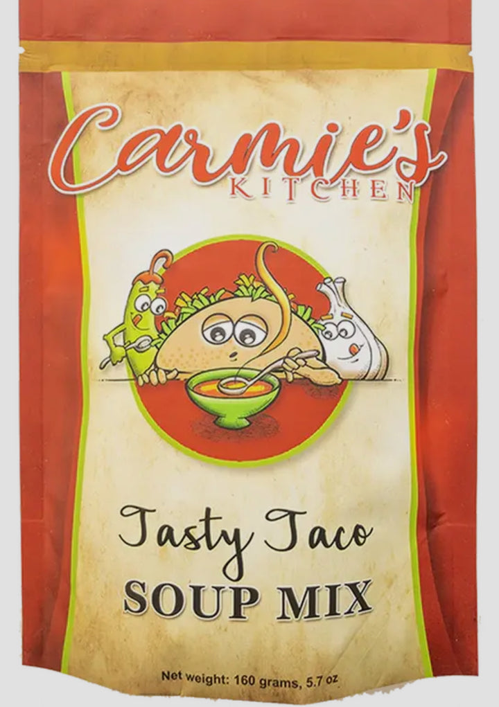 Tasty Taco Soup Mix in red and beige packaging, 160g (5.7 oz) size available.