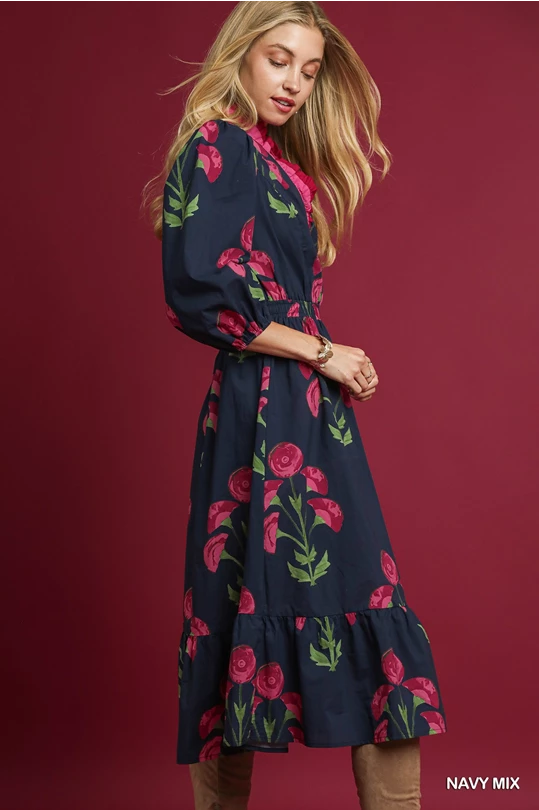 Louise Floral Midi Dress with delicate floral print. Available in sizes XS-XL.