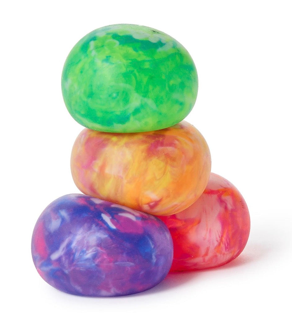 Four vibrant marbled putty balls in green, orange, purple, and pink stacked in a tower; available in small size.
