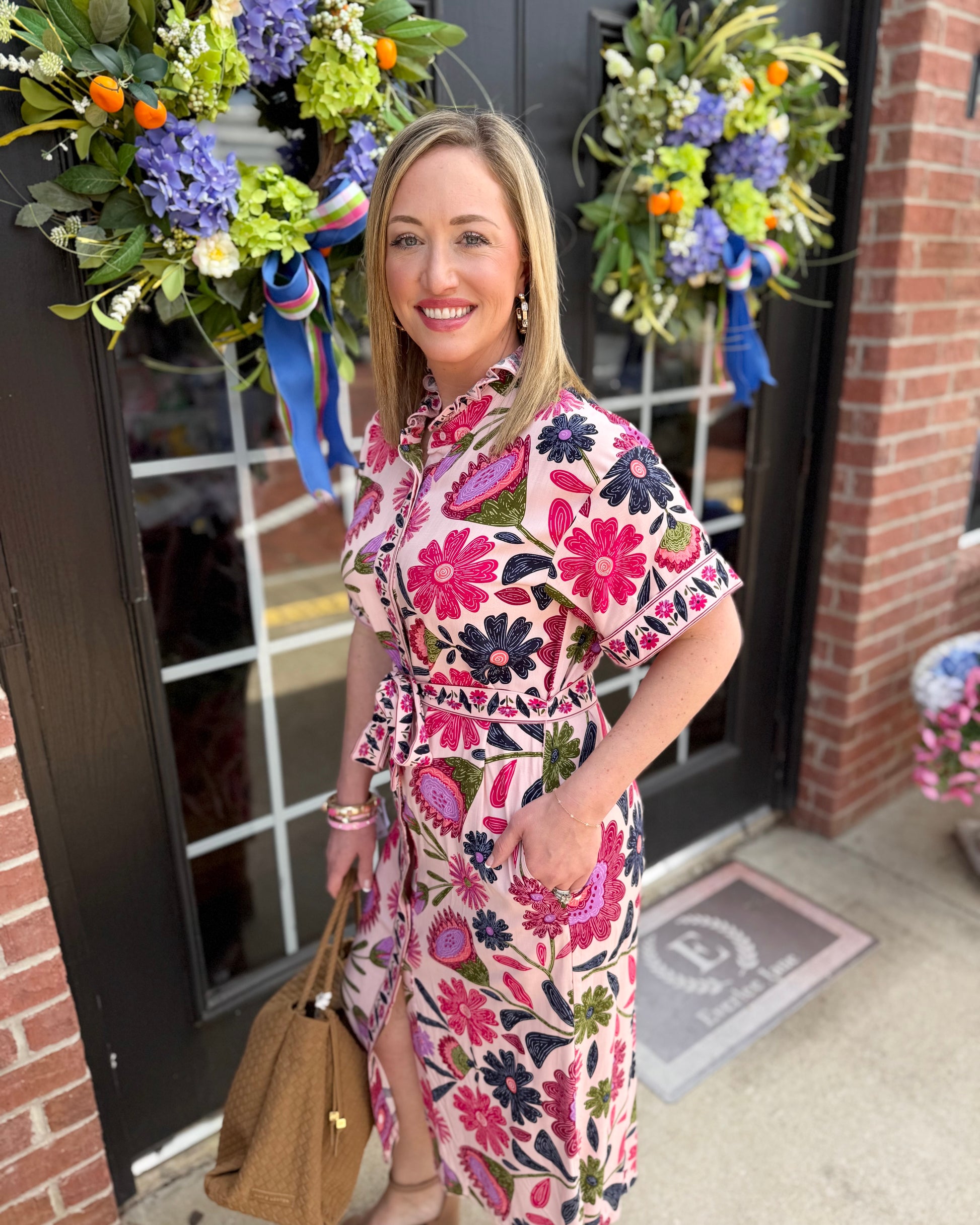Pink Button-Up Belted Floral Midi Dress with short sleeves, available in sizes XS-XL.