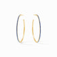 Large, thin 18K gold-plated hoops with blue pavé CZ gemstones along the outer edge. Available in large size.