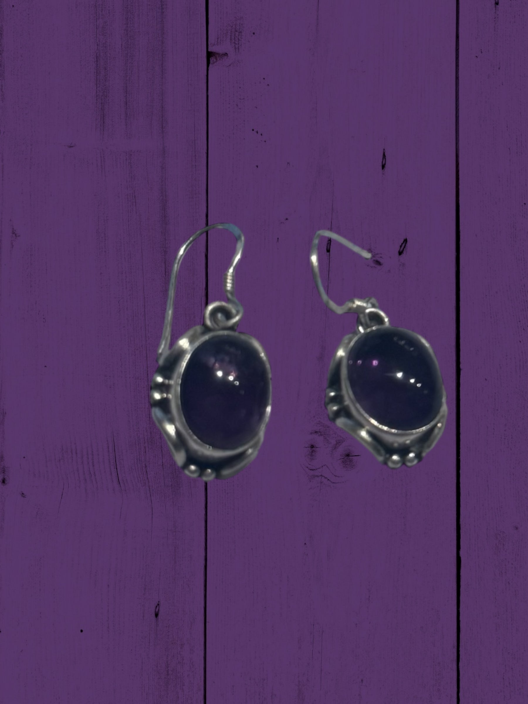 Vintage sterling silver earrings with oval-shaped dark purple amethyst and citrine stones; available in small, medium, large.