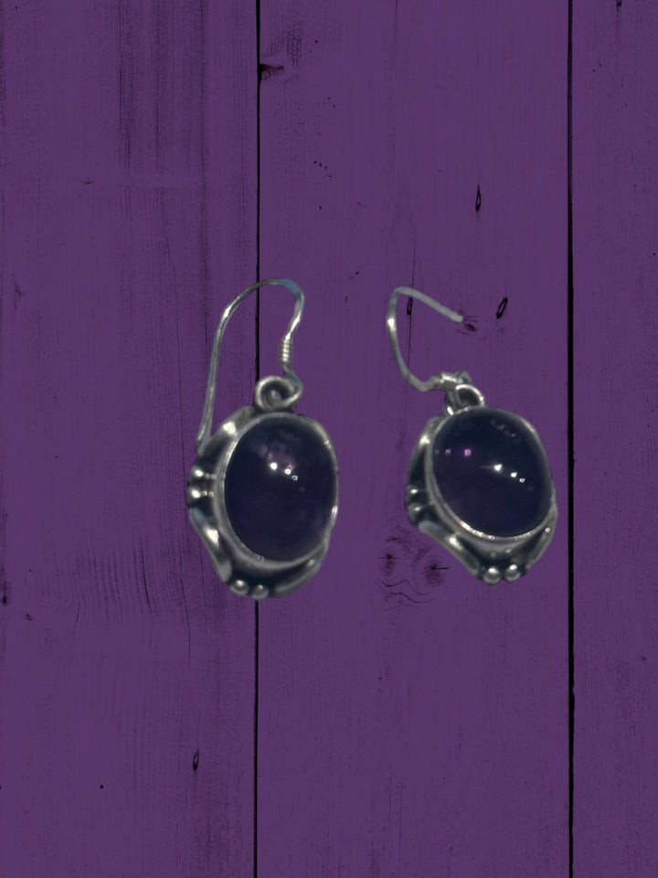 Vintage sterling silver earrings with oval-shaped dark purple amethyst and citrine stones; available in small, medium, large.