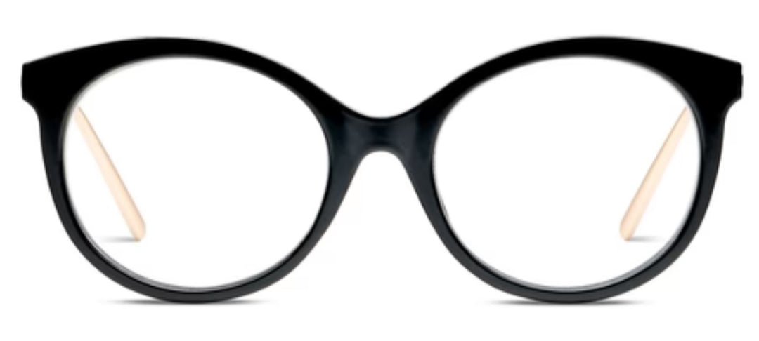 The Peepers Margot - Black: round black frames, clear blue light lenses, beige temples; available in multiple sizes.