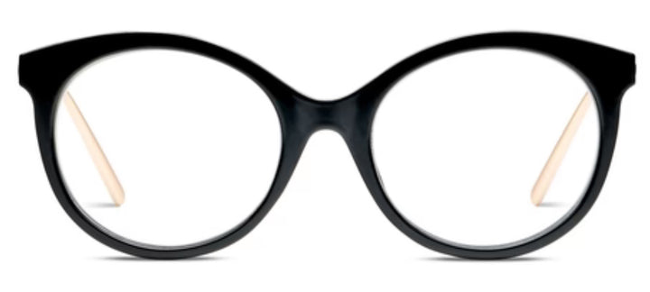 The Peepers Margot - Black: round black frames, clear blue light lenses, beige temples; available in multiple sizes.