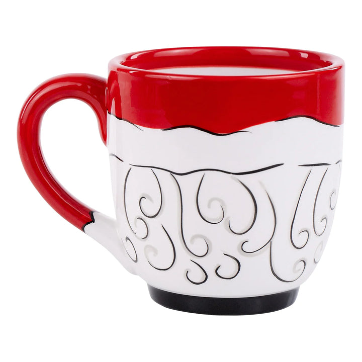 Santa Ho Ho Ho mug shaped like a Santa suit with a red rim, handle, and white beard with black swirl detailing.