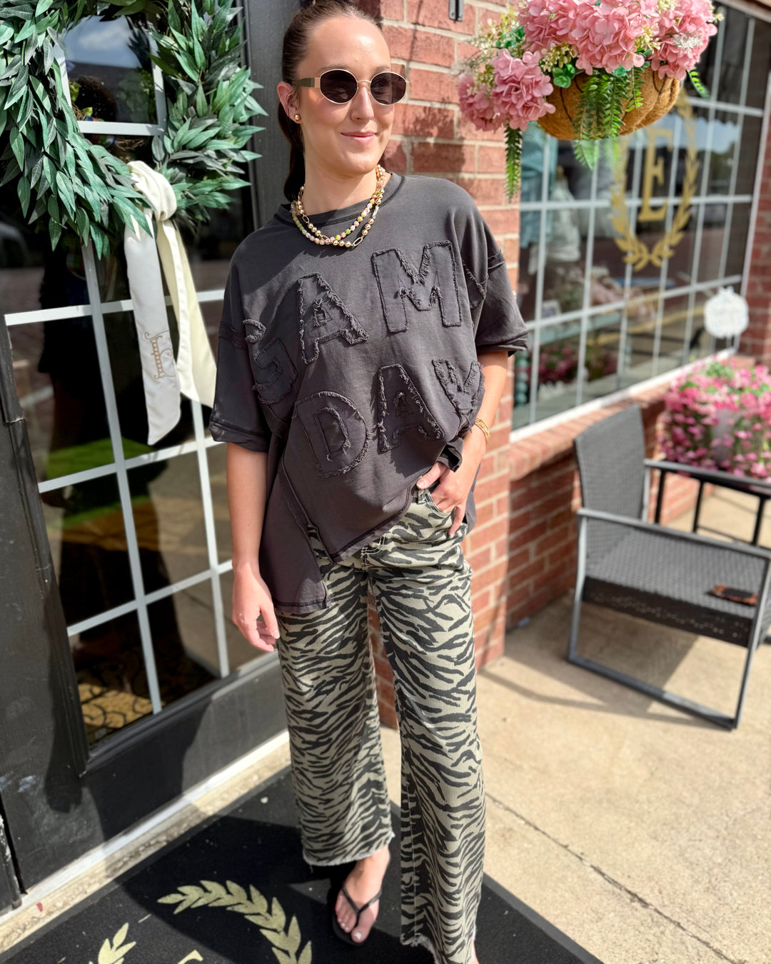 Zebra Print Wide-Leg Jean available in sizes XS–XL.