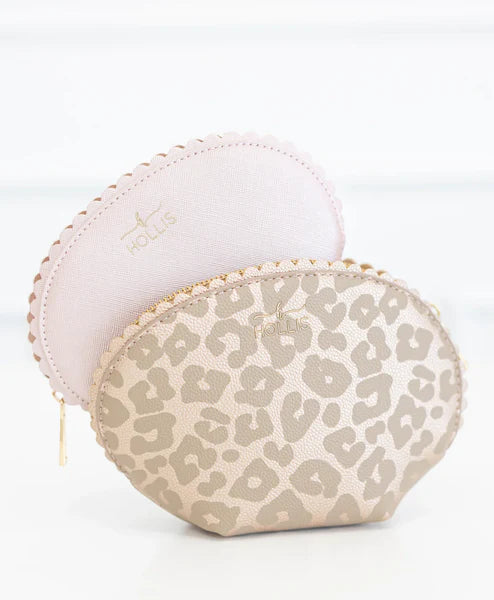 Scalloped Mini Travel Bag Set by Hollis: two bags, light pink and beige/leopard print, gold zippers. Sizes available: mini.