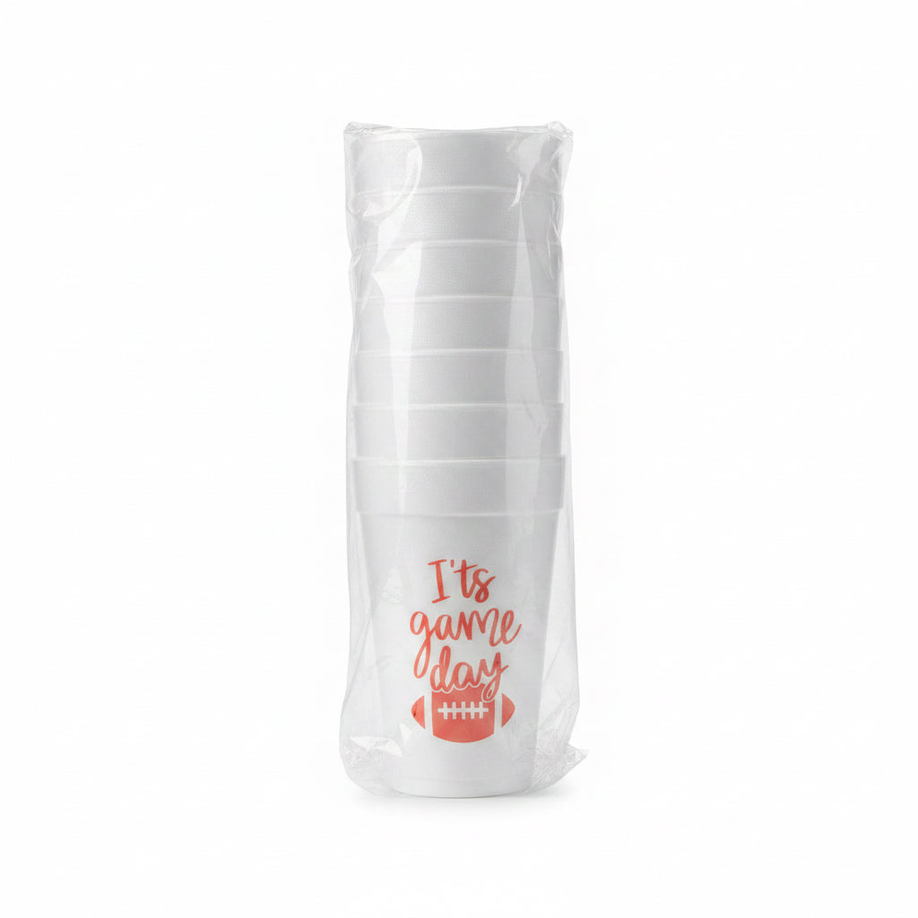 “It’s Game Day” 16oz Styrofoam Cups in plastic packaging, with “It’s game day” and a red football graphic on the front cup. Size: 16oz.
