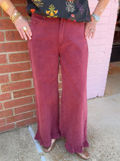 Mineral Washed Ruffle Hem Wide Leg Pants in magenta; available in sizes S–XL.