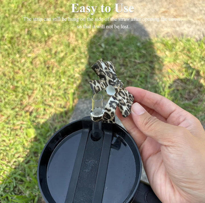 Large Bow Straw Cover with leopard print, dust-proof, available in large size; "Easy to Use" text and hanging instructions shown.