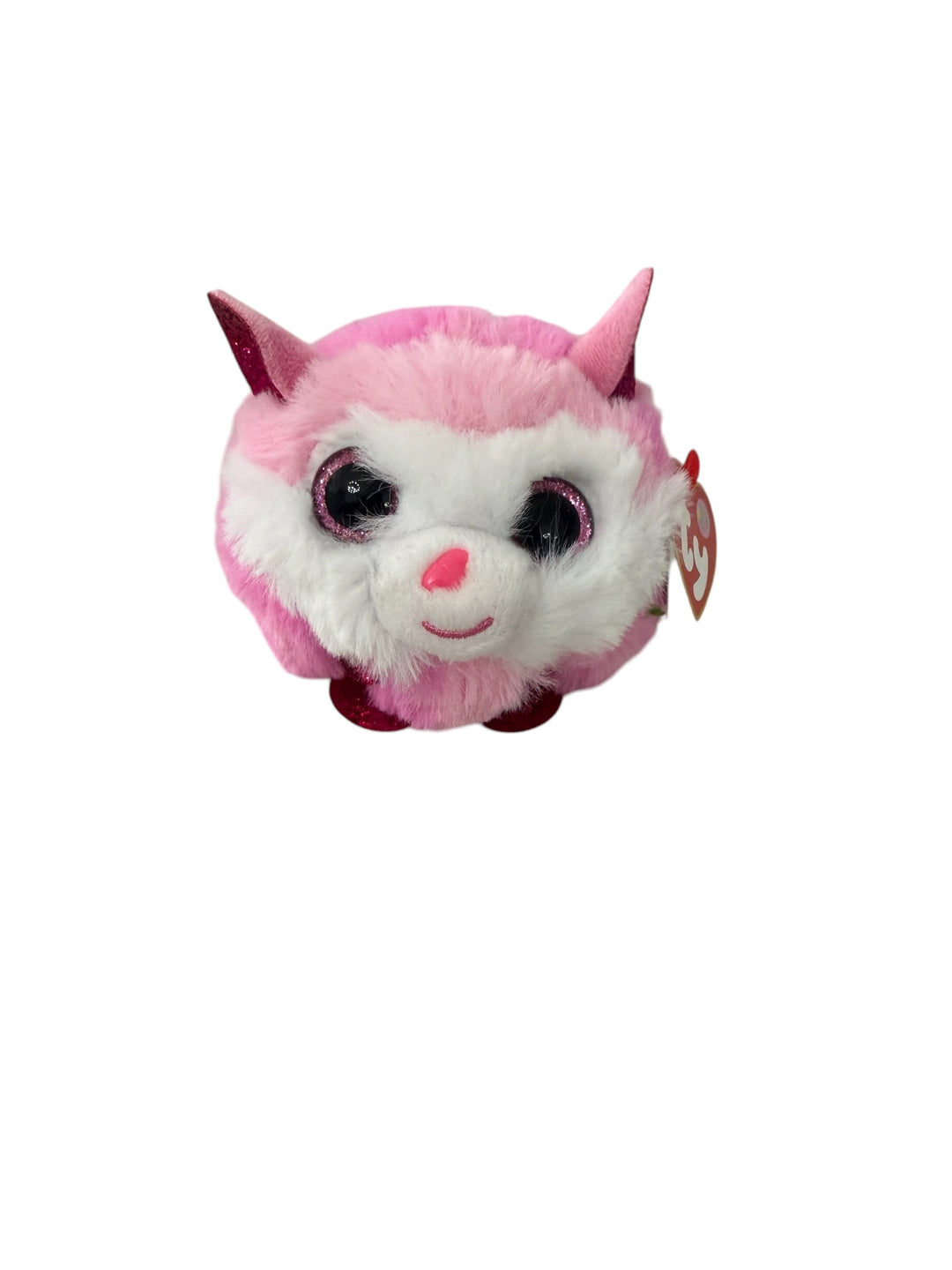 Small, round Ty Babies plush with pink and white fur, big sparkly eyes, pointy ears, heart-shaped nose. Available in multiple sizes.