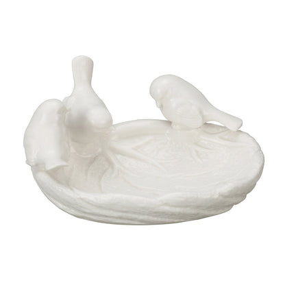 White ceramic leaf-shaped trinket dish with three sculpted birds on edge; available in 6", 8", and 10" sizes.