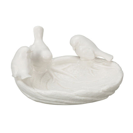 White ceramic leaf-shaped trinket dish with three sculpted birds on edge; available in 6", 8", and 10" sizes.