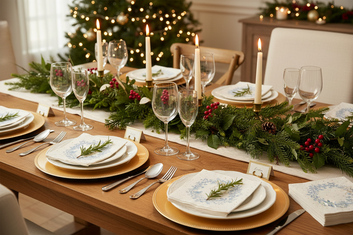 Gilded Cottage paper cocktail napkin with a square, vintage-inspired botanical wreath of blue flowers and rosemary.