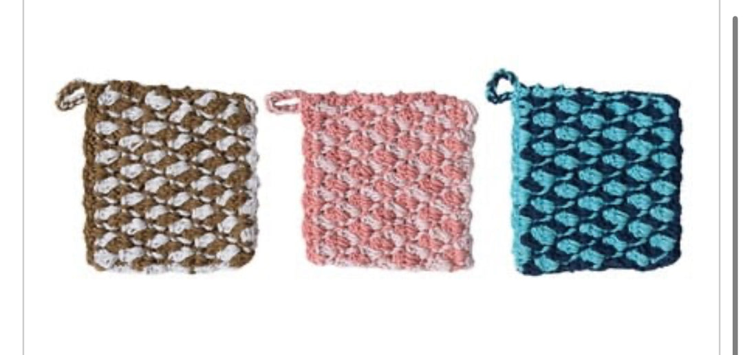 Three 8-inch square hand-woven, crocheted pot holders. They come in multi-colors: brown, pink and blue. Each pot holder has a hanging loop for convenience.