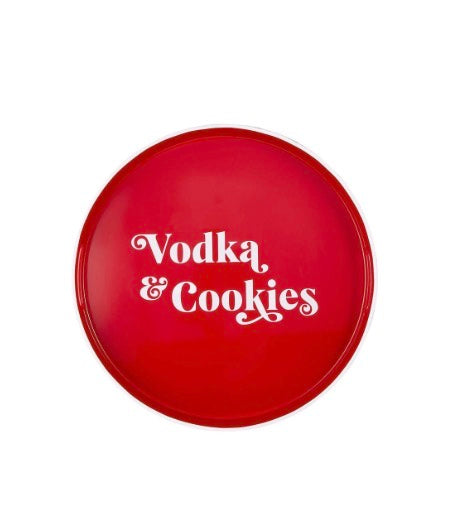 Round red Vodka &amp; Cookies bar tray with “Vodka &amp; Cookies” text in white. Available in multiple sizes.