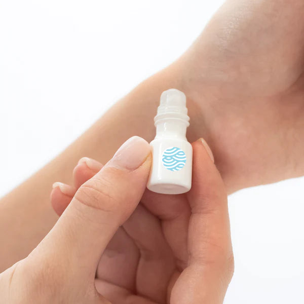 Keychain Mini Rollerball Perfume in a small white bottle with blue wavy logo; available in 5ml and 10ml sizes.