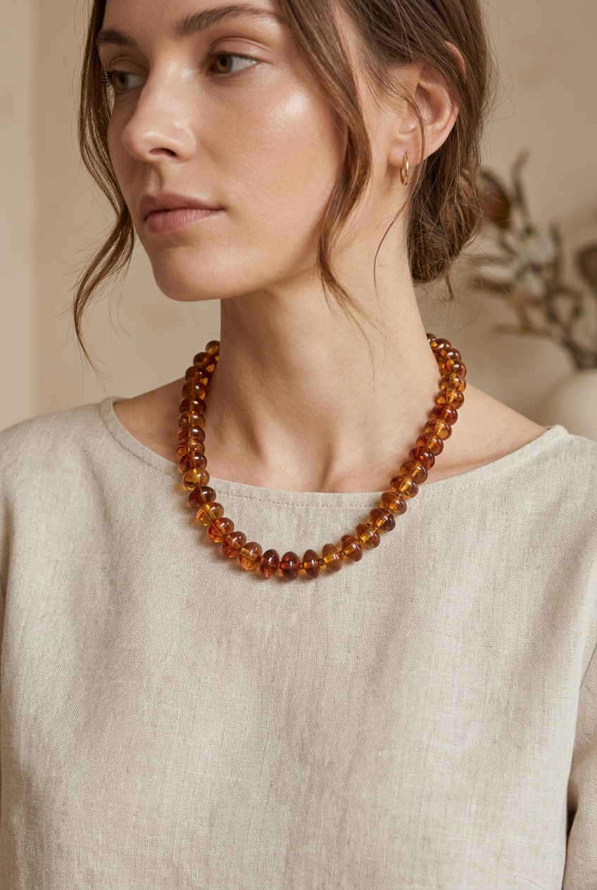 Translucent amber-colored oblong beaded necklace.