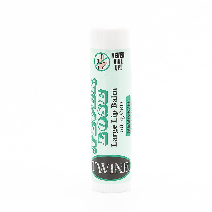 TWINE Large Lip Balm, MEGA MINT, 500mg CBD, "NEVER LOSE," hand symbol, "NEVER GIVE UP!" on cap. Size: Large tube.