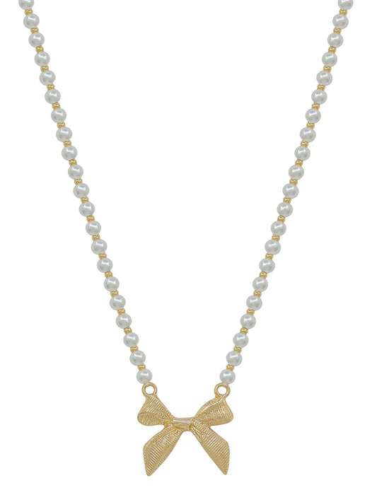 Pearl Beaded Chain Necklace with Gold Bow