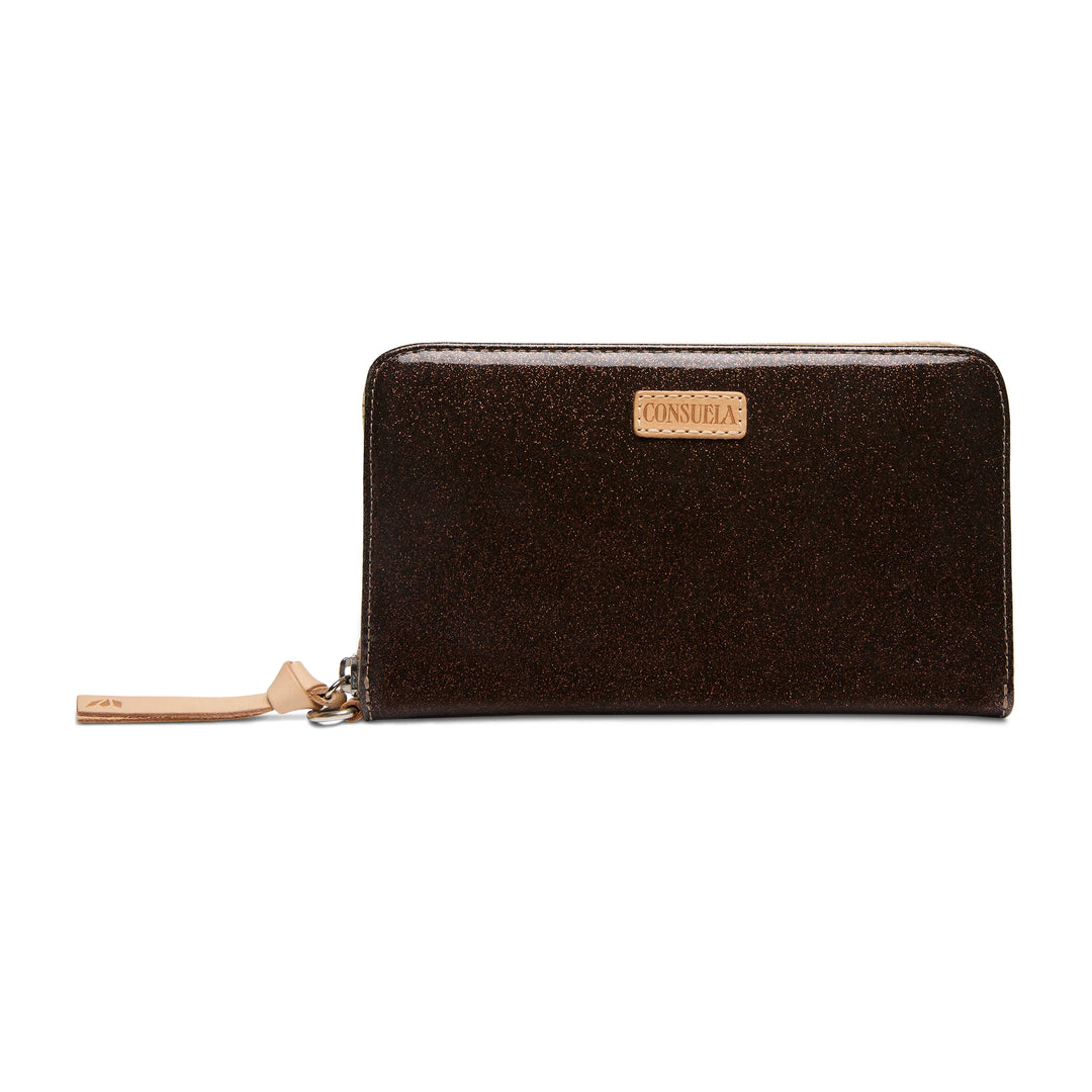 Rectangular, dark brown glitter wallet with tan leather zipper pull, gold "Consuela" logo. Large capacity. Sizes: standard only.
