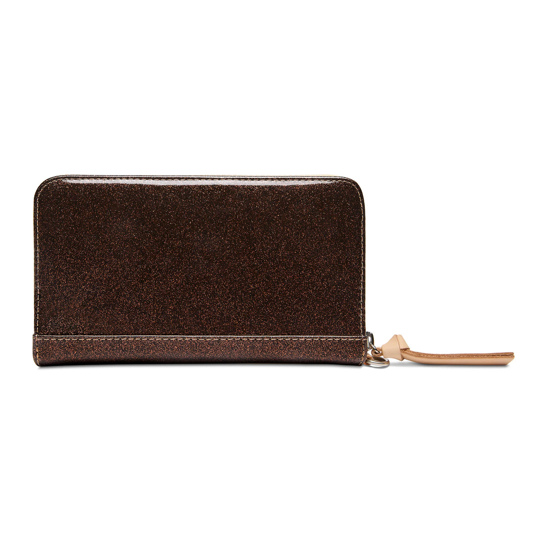 Dark brown glittery zip-around wallet with tan leather pull. Available in small and large sizes.
