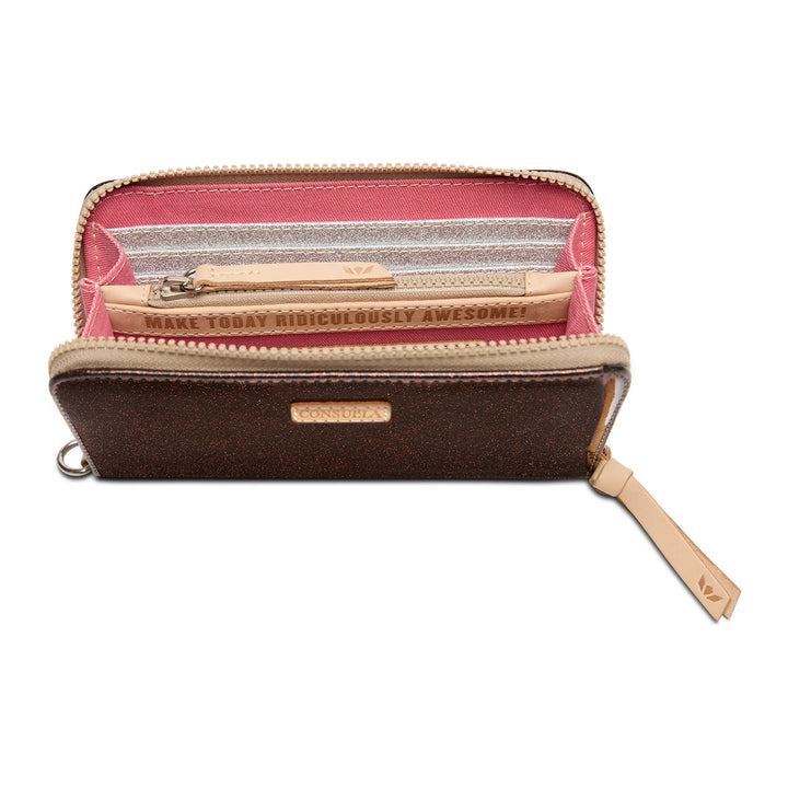 Brown zippered Essential Wallet, tan pull, pink lining, compartments, gold “MAKE TODAY RIDICULOUSLY AWESOME!” inside. Sizes: N/A.