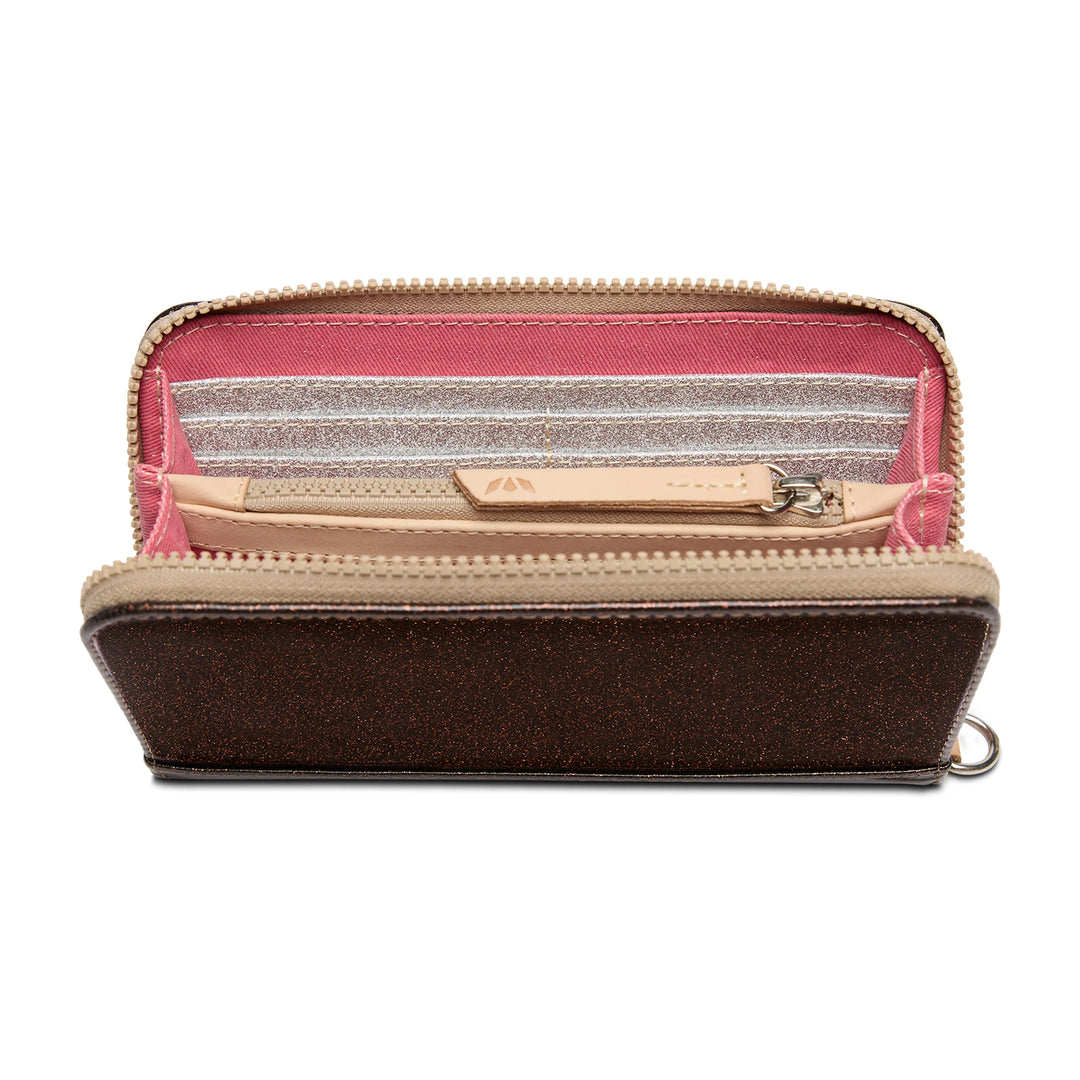 Essential Wallet, Ember: zippered closure, brown glitter exterior, beige trim, pink/gold interior. Multiple sizes.