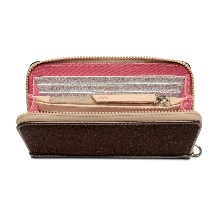 Essential Wallet, Ember: zippered closure, brown glitter exterior, beige trim, pink/gold interior. Multiple sizes.