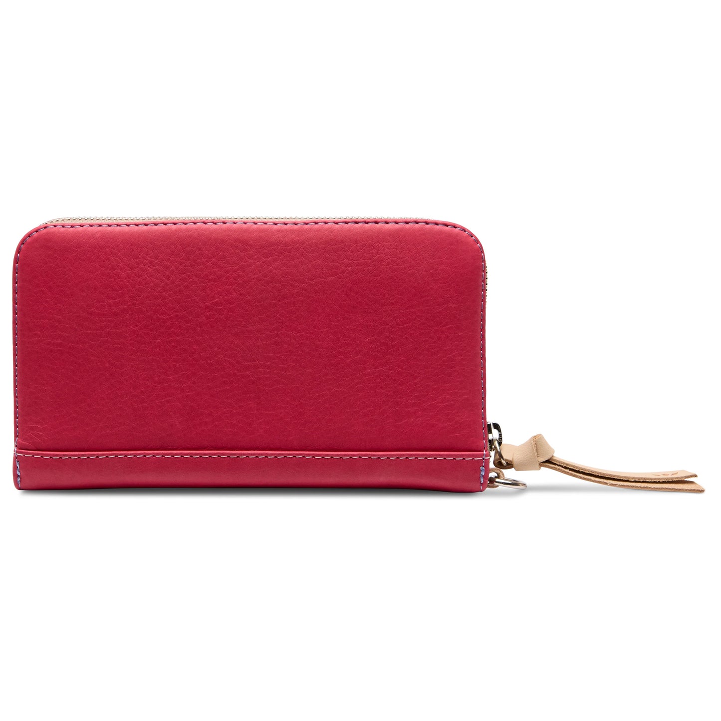 Red Essential Wallet, Maren: tan leather pull tab, edge stitching, smooth leather. Sizes available: small, medium, large.