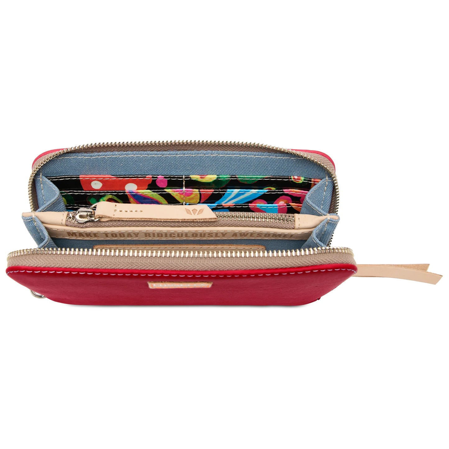The Essential Wallet Maren shown open with tan interior, floral lining, card slots, key ring, inner zip pocket. Sizes available.
