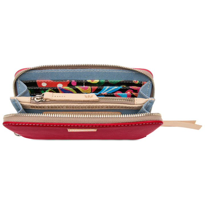 The Essential Wallet Maren shown open with tan interior, floral lining, card slots, key ring, inner zip pocket. Sizes available.