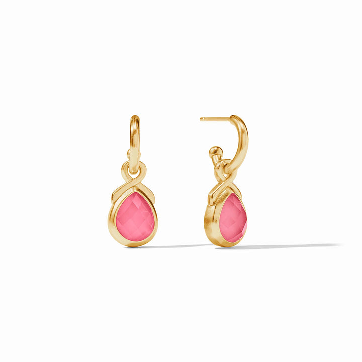 Gold Julie Vos hoop earrings with faceted pink teardrop charms.