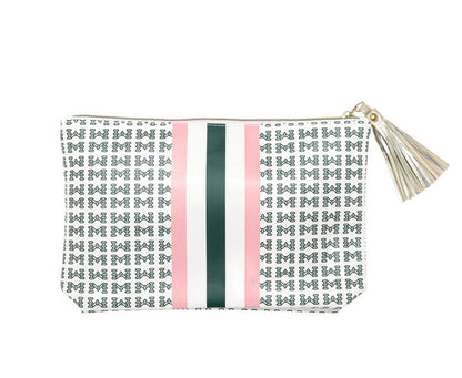 Mahjong Oil Cloth Pouch with green and pink center stripes, repeating green pattern, gold zipper, and gold tassel. Available in multiple sizes.
