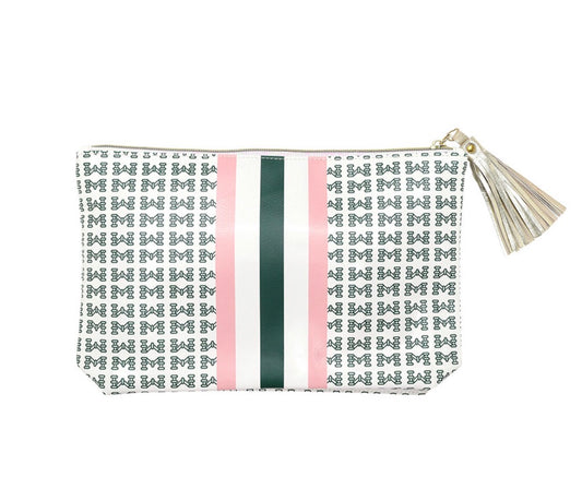 Mahjong Oil Cloth Pouch with green and pink center stripes, repeating green pattern, gold zipper, and gold tassel. Available in multiple sizes.