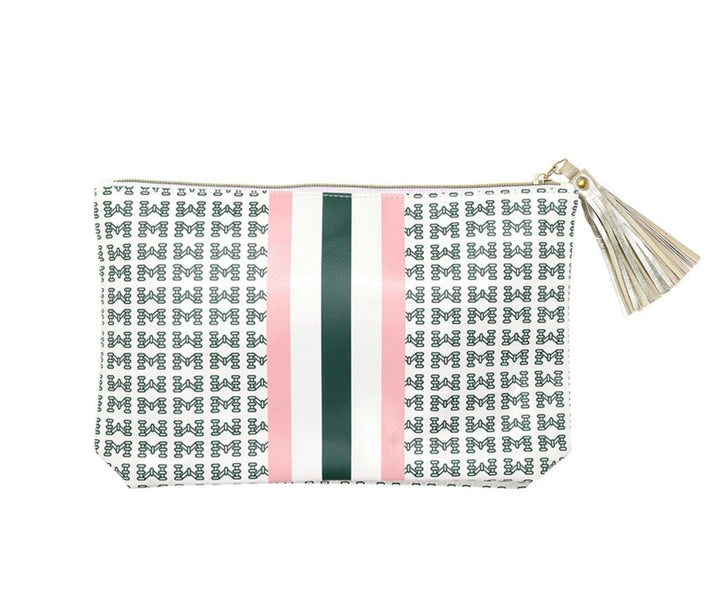 Mahjong Oil Cloth Pouch with green and pink center stripes, repeating green pattern, gold zipper, and gold tassel. Available in multiple sizes.