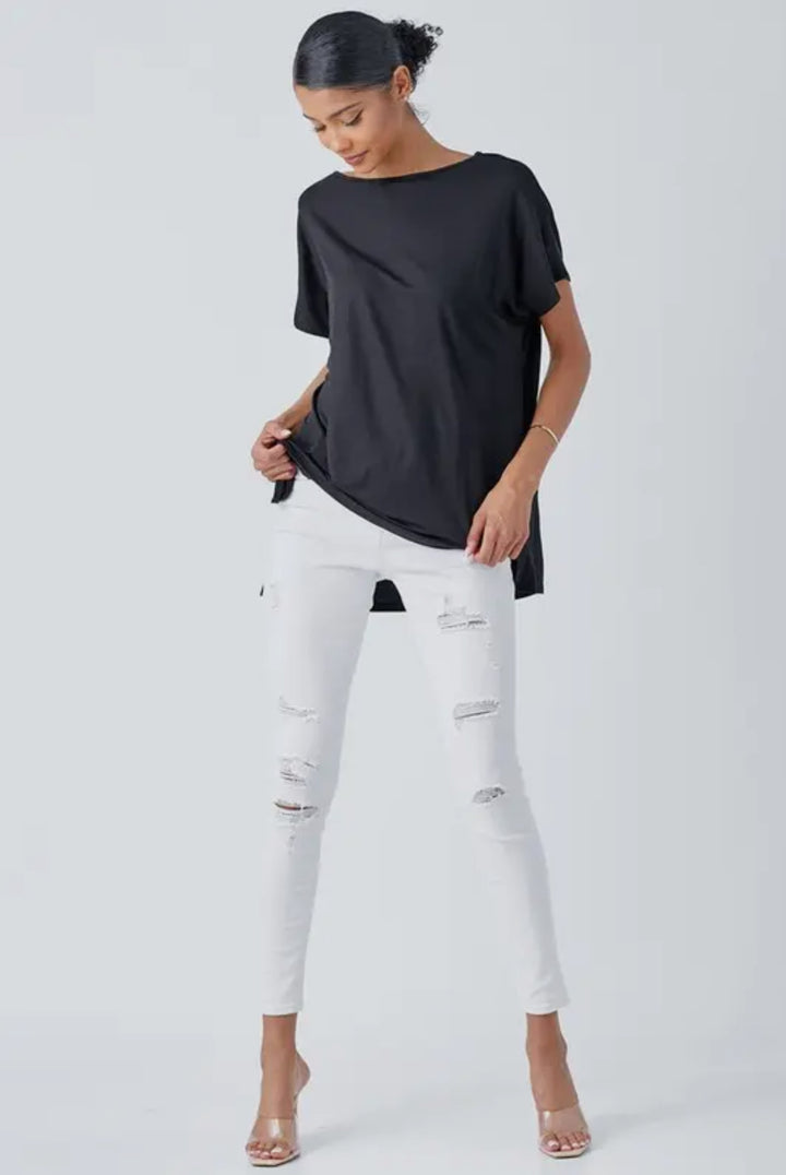 The Perfect Shirt in black; comfortable fit, available in sizes XS–XL.