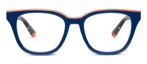 Trapeze Progressives - Navy: Navy and orange eyeglasses, patterned temple, UV400 protection. Sizes: S, M, L.