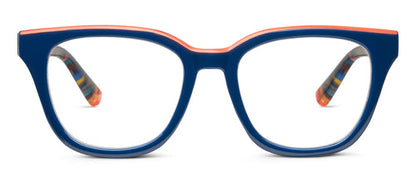 Trapeze Progressives - Navy: Navy and orange eyeglasses, patterned temple, UV400 protection. Sizes: S, M, L.