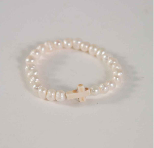 Maria Cross Pearl Bracelet White