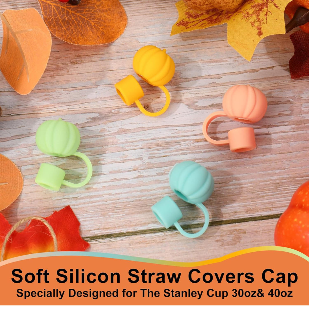 Pumpkin Straw Covers in orange, green, teal, and peach for Stanley cups; available in small and large sizes.