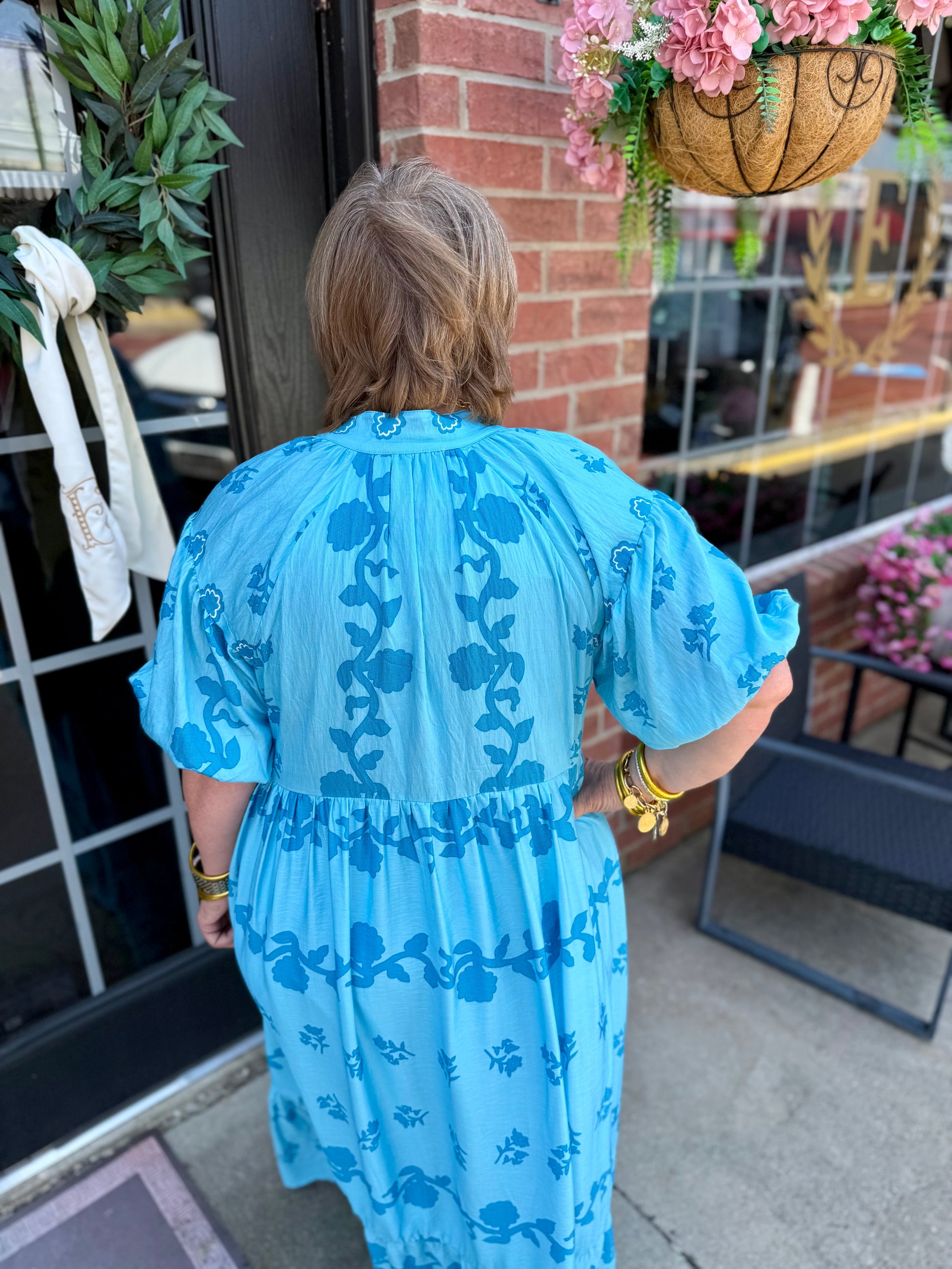 Chambray Vine Stippling Print Maxi Dress shown; available in sizes XS–XL.