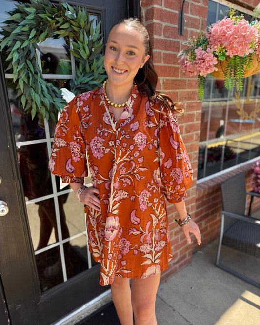 Autumn Rust Long-sleeve Dress shown; available in sizes XS-XL.