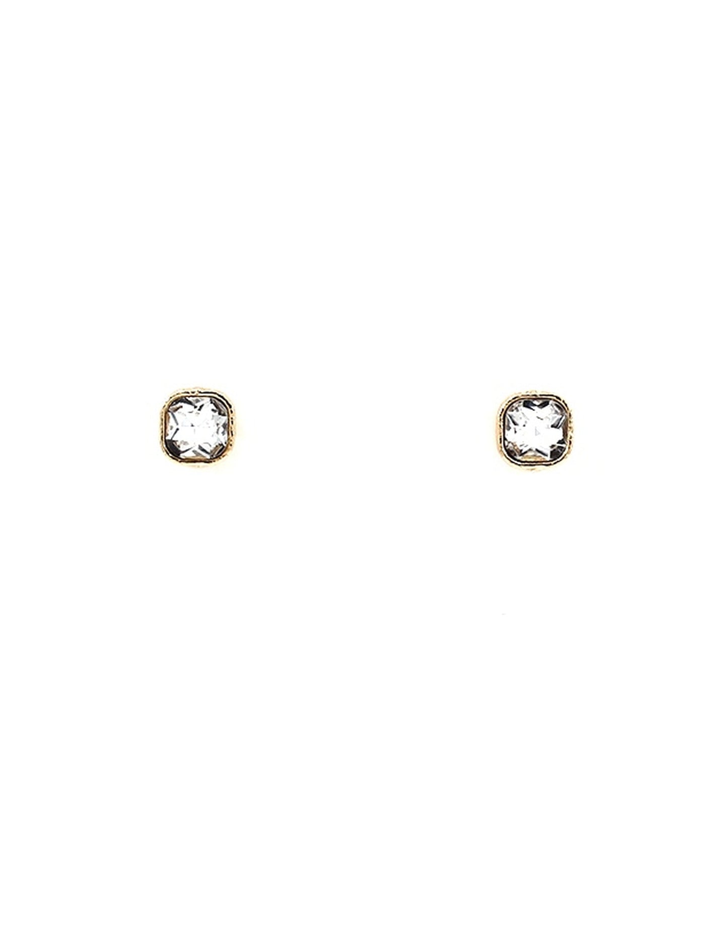 Small, square-cut clear crystal stud earrings set in gold. Meghan Browne’s Riot Gold Clear Earrings. Sizes: small only.