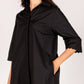 The product is a Black Poplin Button Up Dress featuring a scalloped hem. Dress sizes range from XS to XL.