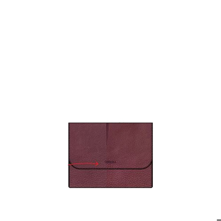 “Plum On The Town” maroon leather envelope wallet with subtle brand text on the flap. Available in small and large sizes.