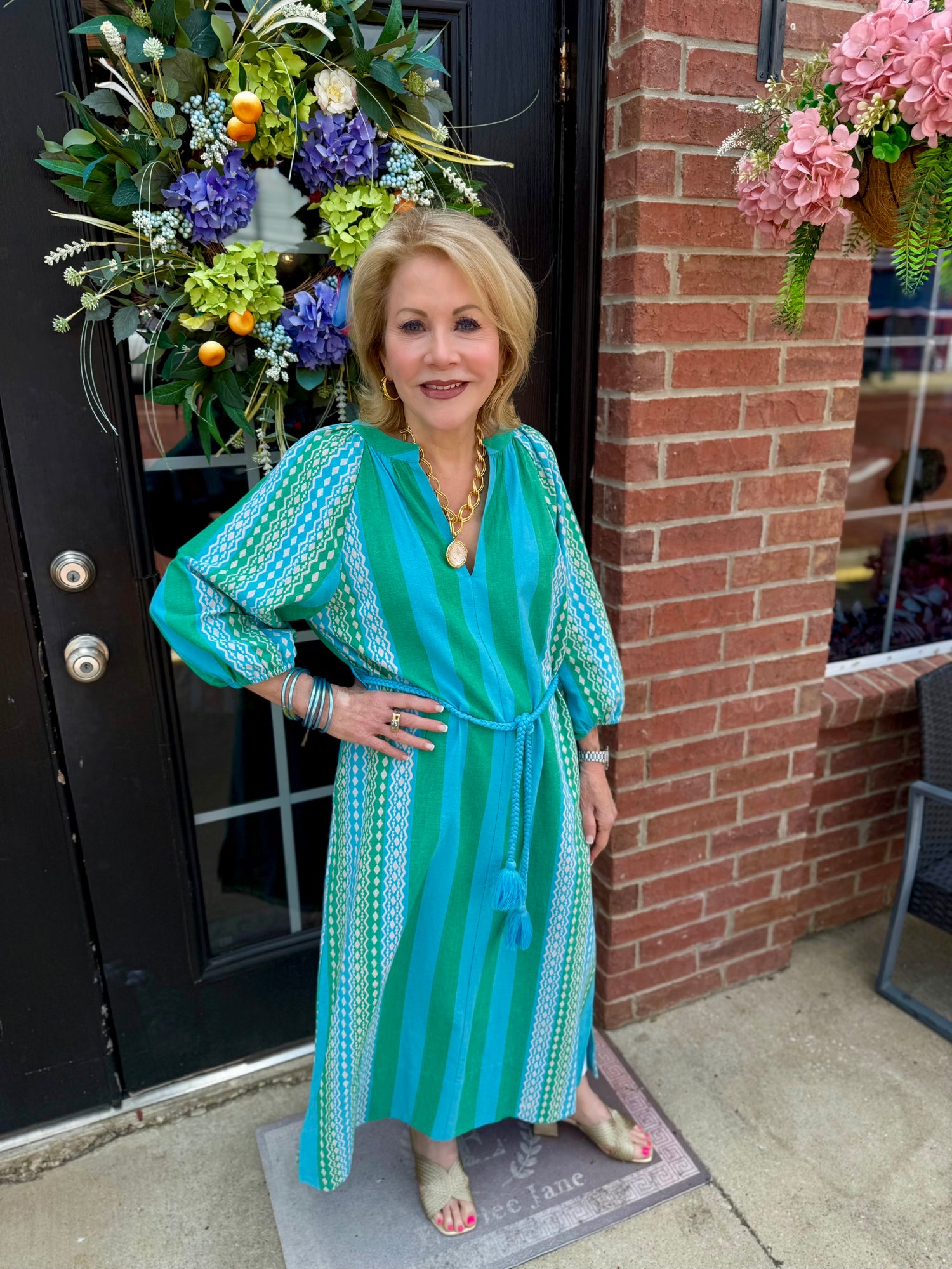 Patio Dress with blue and green stripes. Available in sizes XS-XL.