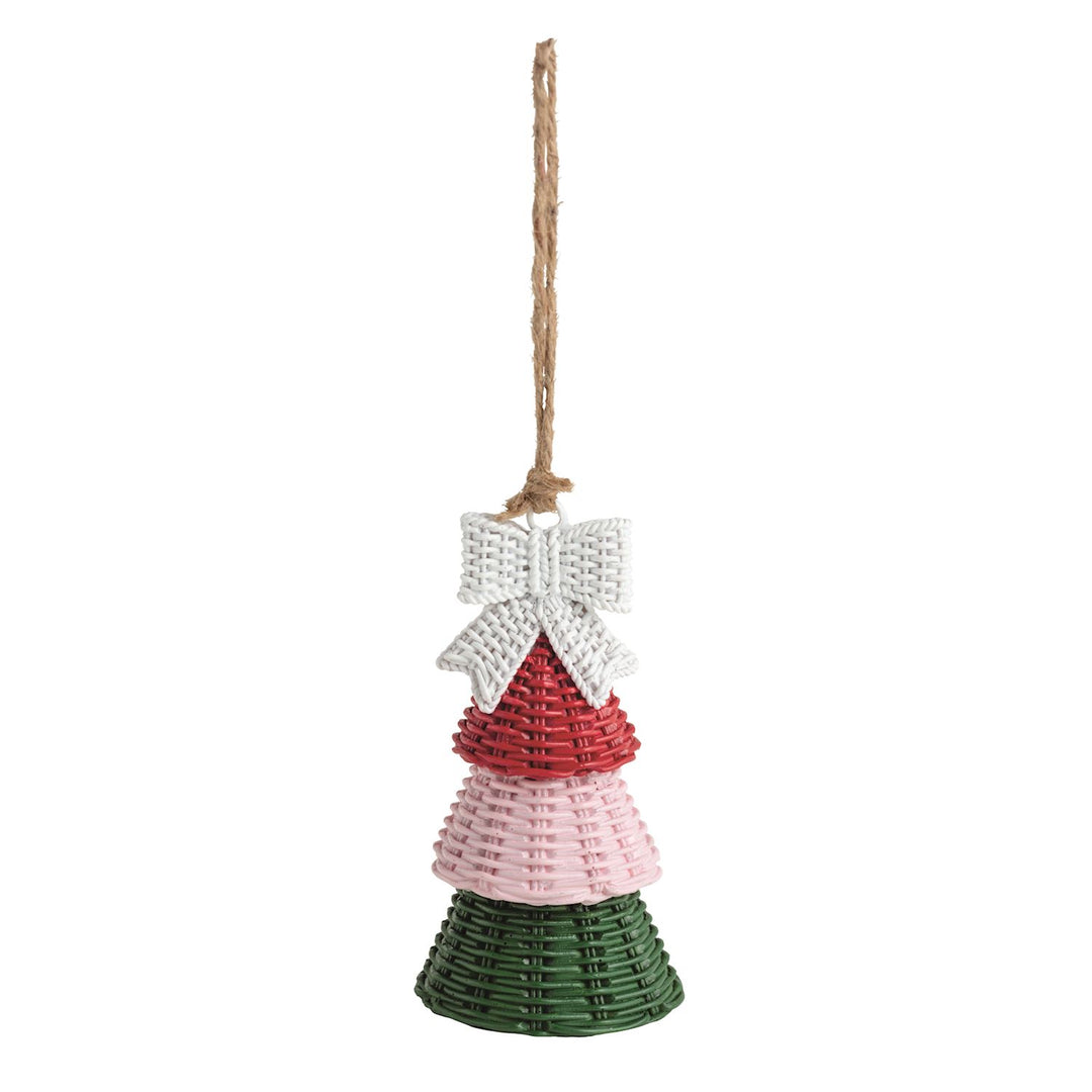 Resin wicker Christmas tree ornament with red, light pink, and green tiered cone sections and a white bow.