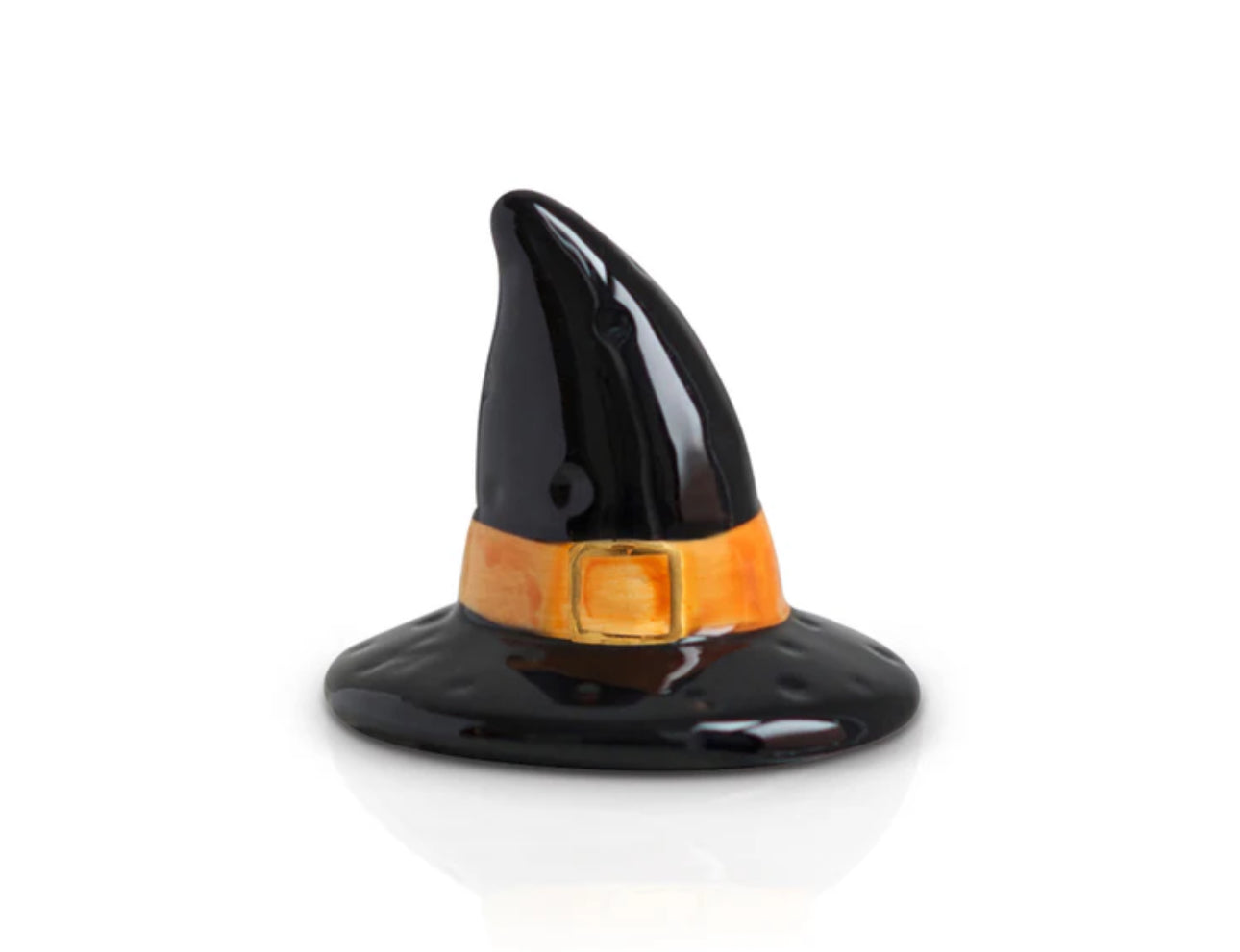 Glossy black ceramic witch hat with drooping tip and orange band featuring a rectangular buckle. Available sizes: none specified.